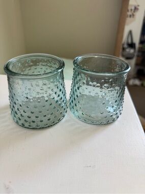 Set of 2 Aqua Textured Glass Votive Holders
